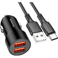 Автомобильное зарядное устройство BOROFONE Wisdom 2xUSB-A 2.4A 12 W с кабелем Type-C 1 м Black (BZ19)