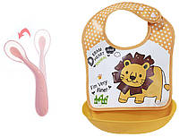 Набор Ложка силиконовая с удержанием формы изгиба для кормления ребенка Розовая + Слюнявчик П QT, код: 2460171