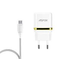 Сетевое зарядное устройство для Aspor A828 Eco 2USB 2.4A + кабель USB Micro- белый GG, код: 8372404