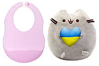 Мягкая игрушка Pusheen cat S&T с сердцем и Полупрозрачный силиконовый слюнявчик Розовый (n-10579) z114-2024