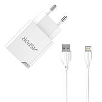 Сетевое зарядное устройство Aspor A827 IQ (USB 2.4A) + кабель USB Lightning- белый GG, код: 8372460