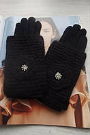 Теплые кашемировые женские перчатки с довязом черные Отличное качество