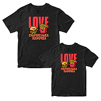 Комплект черных футболок для влюбленных с принтом "Love. Вкусненькая парочка. Бургер и Картофель Фри" Кавун