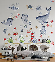 Виниловая интерьерная наклейка декор на стену обои и другие поверхности "Подводный мир. Кит дельфин" 120х80 см