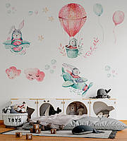 Виниловая интерьерная наклейка декор на стену обои и другие поверхности "Зайцы на воздушных шарах" 180х120 см