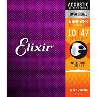 Струны для акустической гитары Elixir 11002 Nanoweb 80 20 Bronze Acoustic Extra Light 10 47 IX, код: 6555453