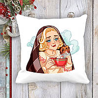 Подушка с новогодним принтом Мэрилин Монро с чаем и печеньем Белый Кавун П003676 z115-2024
