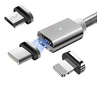 Магнитный кабель серый ESSAGER (micro USB, Type-C, Lightning) 2метра z117-2024