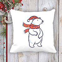 Подушка с новогодним принтом Белый медведь в шарфе и шапке Белый Кавун П003703 z114-2024
