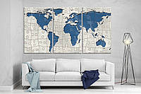 Модульная картина на холсте ProfART XL73 из трех частей 167 x 99 см Карта мира пазл (hub_KDrB QT, код: 1225946