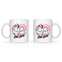 Чашки кружки парные белые с принтами "Our Love. Одна любовь. Влюбленные котики на сердце" Кавун К001595