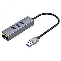 Концентратор USB Hoco HB34 Easy link 4 в 1 Type C to USB3.0 RJ45 1000mbs 155 mm LED Серый NB, код: 8324422