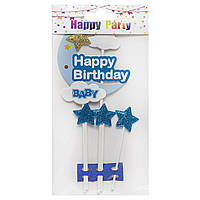 Набор тематических топперов 3 шт из картон для торта Happy Birthday Луна и звезды голубые 87-3
