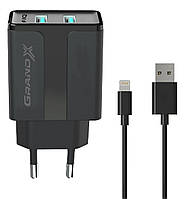 Сетевое зарядное устройство Grand-X (1xUSB 2.4A) Black (CH15LTB) + кабель Lightning PZ, код: 7925312