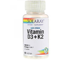 Комплекс Вітамін D3+K2 Solaray Vitamin D3 + K2 Soy Free 60 Veg Caps IN, код: 7520137