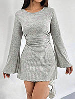 Бомбезное мини платье с драппировкой по талии+широкими рукавами серый