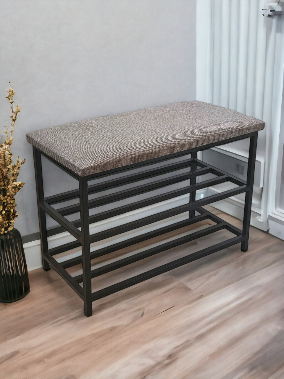 Банкетка для взуття пряма 60 Ліора підставка з полицями розбірна чорний/попелястий беж Наша Ковка, фото 1