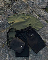 Мужской спортивный костюм Nike летний комплект найк шорты + футболка + барсетка в подарок хаки топ