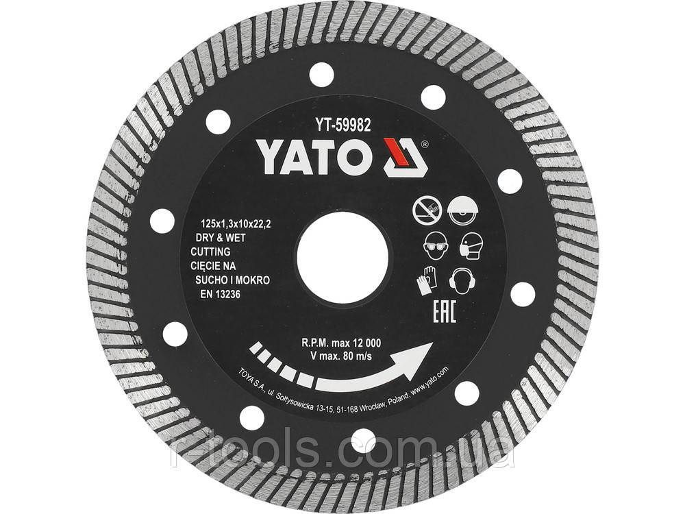 Диск відрізний алмазний за керамогранітом для мокрого та сухого різання TURBO 125х1.3х10х22.2 мм Yato YT-59982