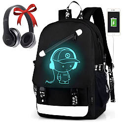 Рюкзак, що світиться у темряві з USB + Подарунок Навушники MDR P47 Bluetooth / Міський рюкзак / Шкільний рюкзак