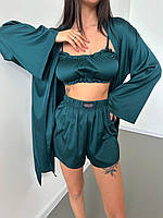 Женская шелковая пижама-тройка: короткие шорты топ-лиф и халат с поясом 42-48