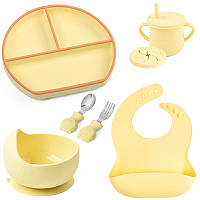 Набор детской силиконовой посуды 2Life Y11 из 7 предметов с металлическими приборами Желтый ( ET, код: 8295650