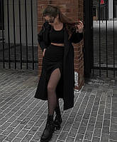 Женский костюм двойка, топ и юбка миди с разрезом, черный