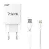 Мережевий зарядний пристрій Aspor A827 IQ (USB 2.4 A) + кабель USB — Lightning-білий SC, код: 8372460, фото 2