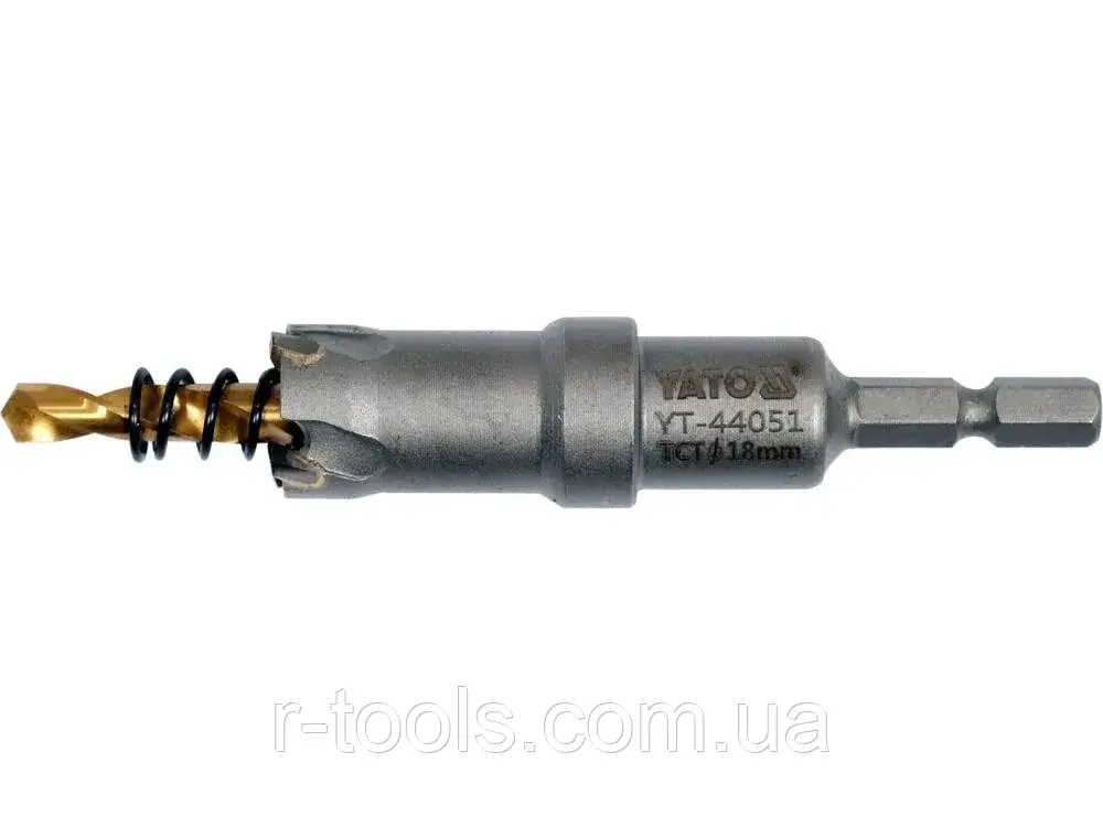 Свердло коронка для металу TCT Ø18 x103 мм товщ. до 25 мм із напрямним 6-гран. хвіст 1/4" Yato YT-44051