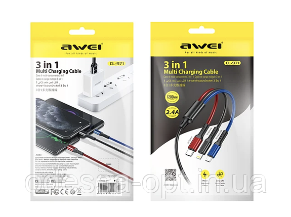 Шнур для моб. CL971 AWEI 3в1 Lightning, Micro, Type-C, фото 1