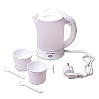 Чайник маленький електричний 0.6л Kamille пластиковий з чашками, ложками Електро чайник туристичний Білий