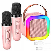 Колонка караоке с 2-мя микрофонами со сменой голоса, Bluetooth колонка с RGB подсветкой Розовая