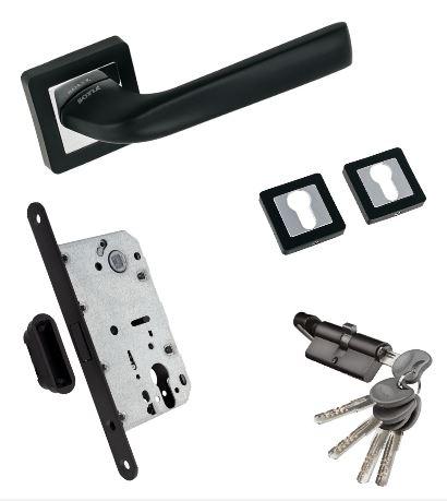 Ручки Sofia на квадратній розеті NEW15-170 чорні + засувка магнітна під циліндр + накладки+циліндр, фото 1