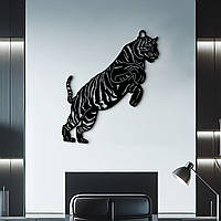 Современная картина на стену, деревянный декор для дома "Прыжок Тигра", декоративное панно 70x85 см