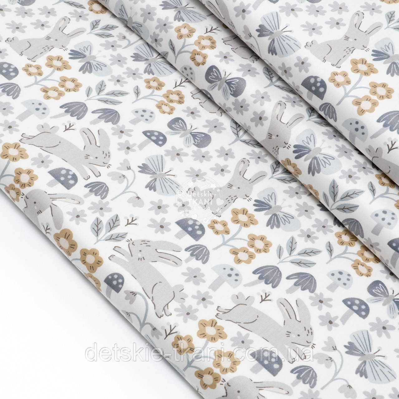 Сатин "Сірі зайчики, бежеві квіти на білому тлі", №5073с, фото 1