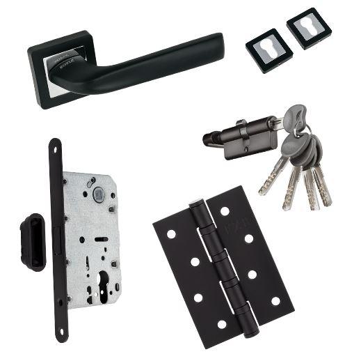 Ручки Sofia на квадратній розеті NEW15-170 чорні + засувка магнітна під циліндр + накладки+циліндр+завіси, фото 1