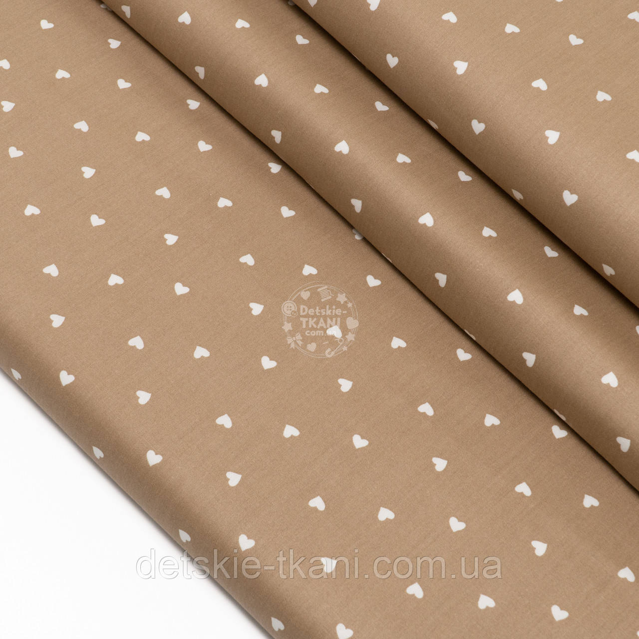 Сатин із білими сердечками на коричневому тлі, №5084с, фото 1