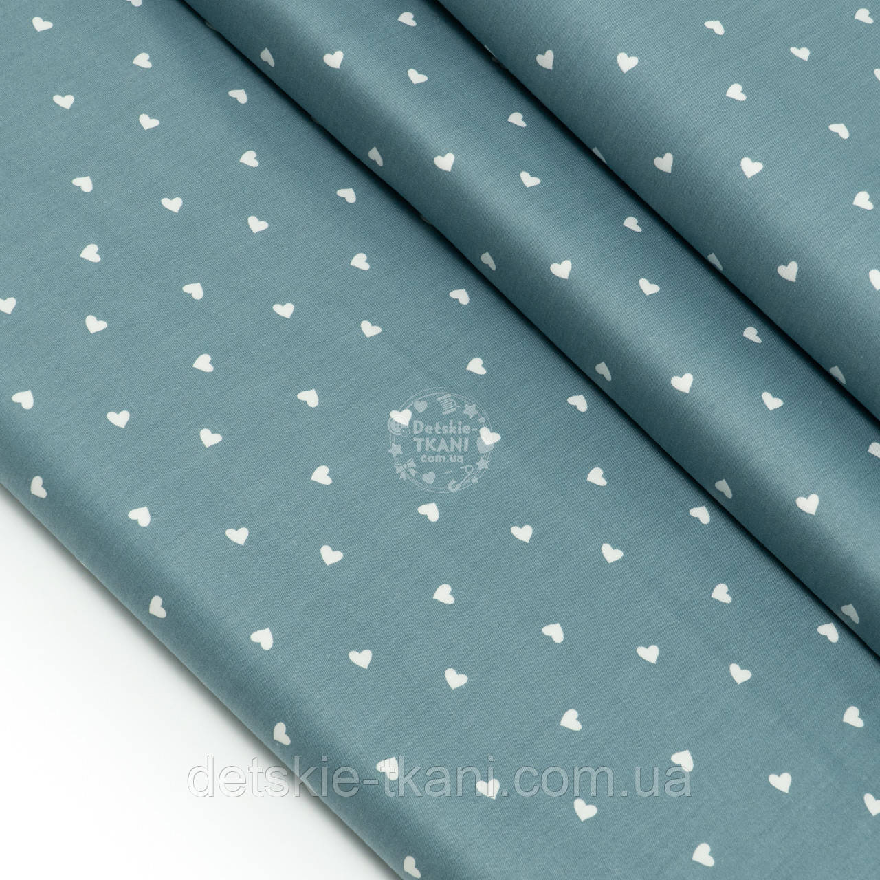 Сатин із білими сердечками на темно-евкаліптовому тлі, №5085с, фото 1