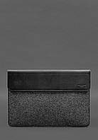 Чехол-конверт с клапаном кожа+фетр для MacBook 14 Черный Crazy Horse BlankNote KP, код: 8132099