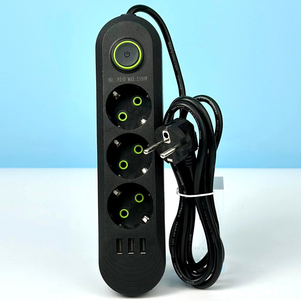 Подовжувач мережевий переноска 4 метри на 3 розетки + 3USB UA Power F03U Чорний 45295
