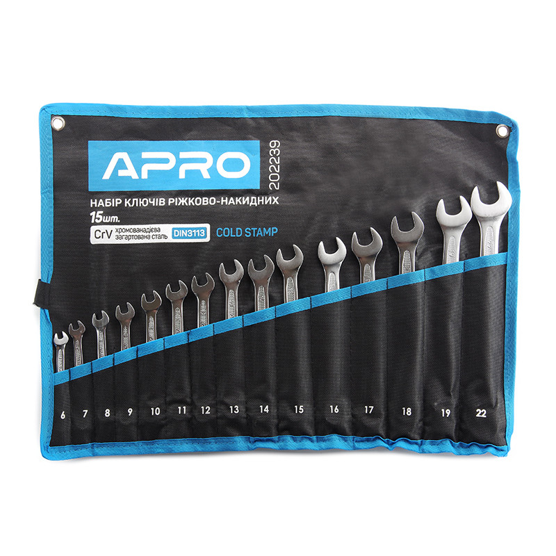 APRO Набір ключів ріжково-накидних Холодний штамп DIN3113 CrV 15 шт. (6-19, 22 мм), фото 1