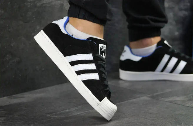 Кроссовки ADIDAS SuperStar Black/ White/ BLUE ЧЕРНЫЕ с белым замшевые с синей подкладкой уни, фото 1