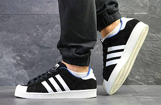 Кроссовки ADIDAS SuperStar Black/ White/ BLUE ЧЕРНЫЕ с белым замшевые с синей подкладкой уни, фото 3