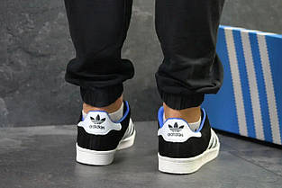 Кроссовки ADIDAS SuperStar Black/ White/ BLUE ЧЕРНЫЕ с белым замшевые с синей подкладкой уни, фото 4