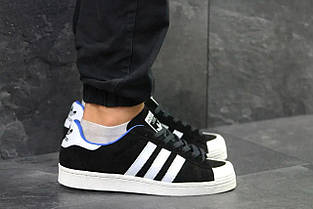 Кроссовки ADIDAS SuperStar Black/ White/ BLUE ЧЕРНЫЕ с белым замшевые с синей подкладкой уни, фото 5