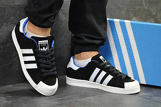 Кроссовки ADIDAS SuperStar Black/ White/ BLUE ЧЕРНЫЕ с белым замшевые с синей подкладкой уни, фото 6