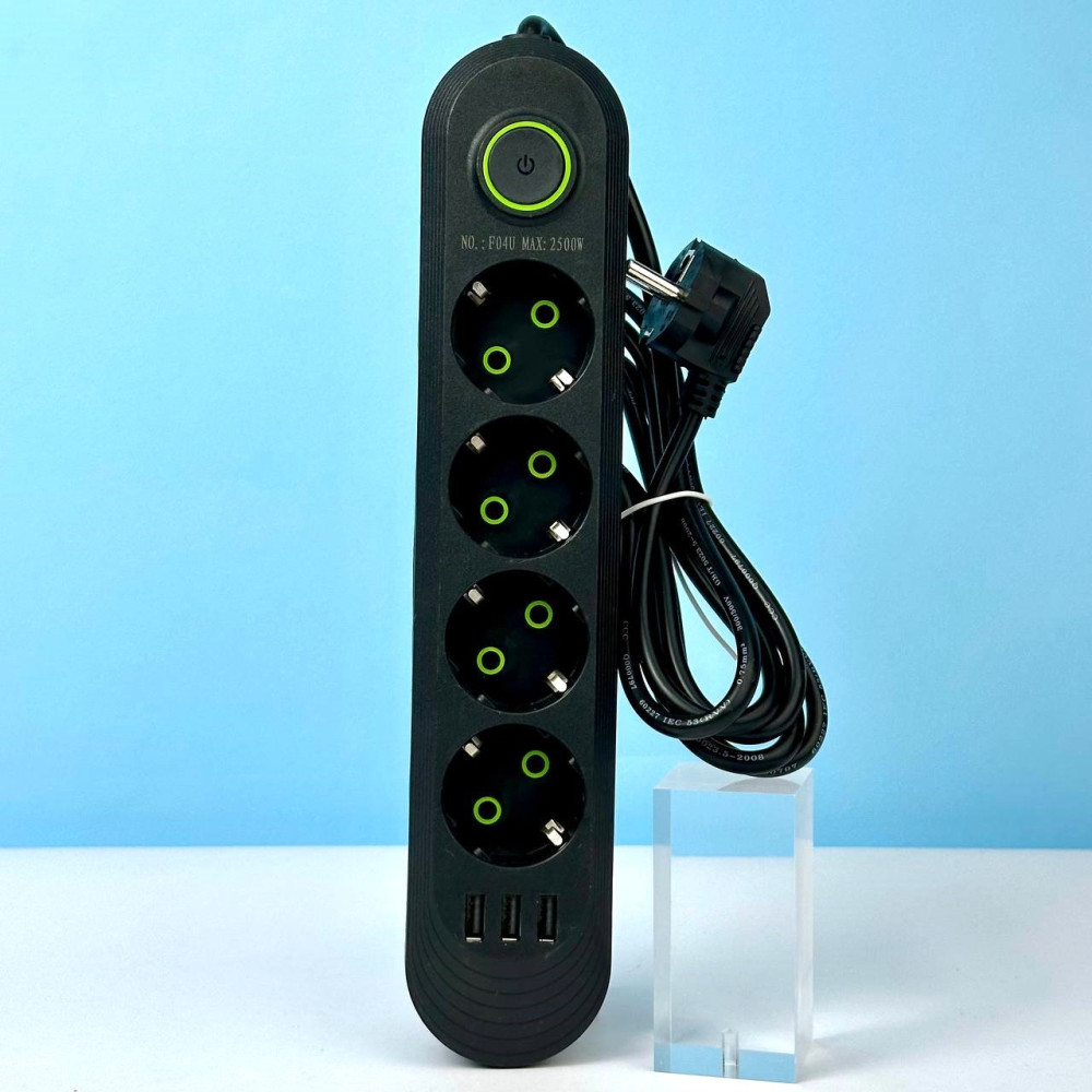 Подовжувач мережевий переноска 2 метри на 4 розетки + 3USB UA Power F04U Чорний 45209