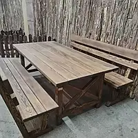 Садові меблі: стіл та дві лавки з деревини сосни. Меблі для дому, саду, кафе, тур бази. Набір меблів з натуральної деревини