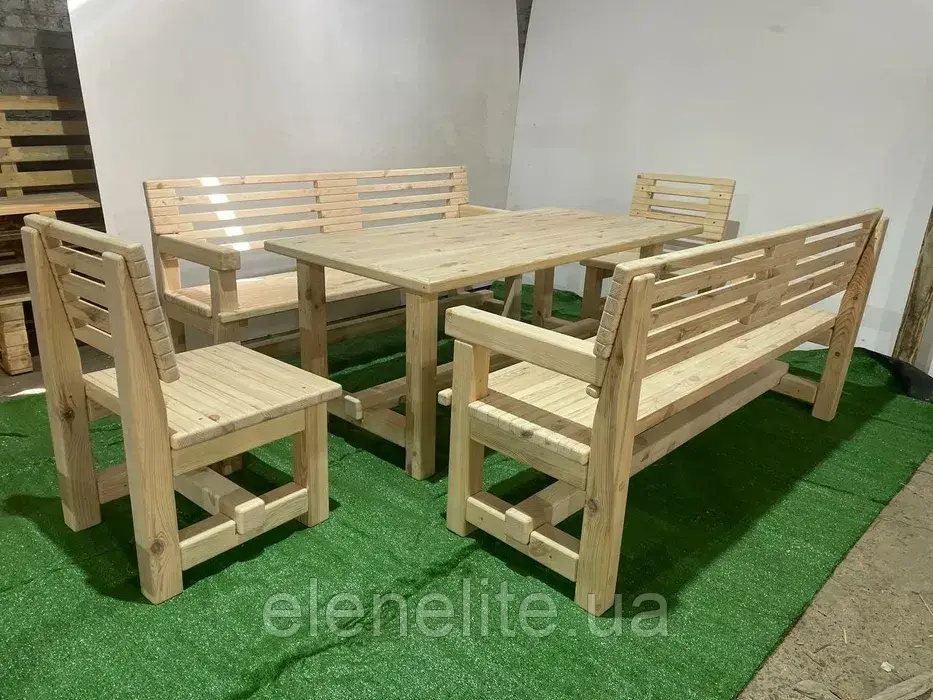 Комплект меблів: стіл, лавочки, стільці. Меблі з натурального дерева для кафе, дач, дому, баз відпочинку. ПІД КЛЮЧ