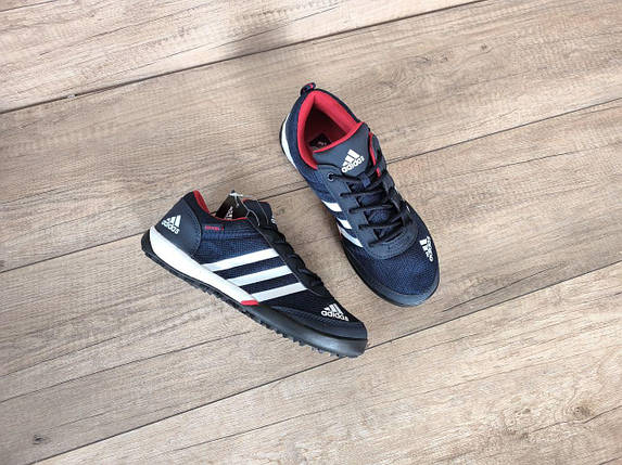 ADIDAS кроссовки синие на белой плоской подошве и белыми полосами с фирменым логотипом, фото 1
